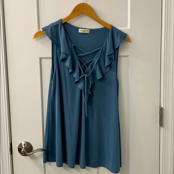 Tops | Ginger G Ribbed Flowy Top With Ruffle Neck | Poshmark
